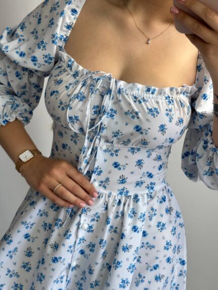 Біла в квіити сукня софт на гудзиках з довгим рукавом