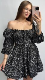 Сукня софт на гудзиках з довгим рукавом чорний в квіти