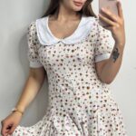 Сукня штапель з коміром, міні молочна з оранжевими квітами