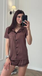 Шовк трійка короткий рукав каштановий чорний кант - Зображення 2