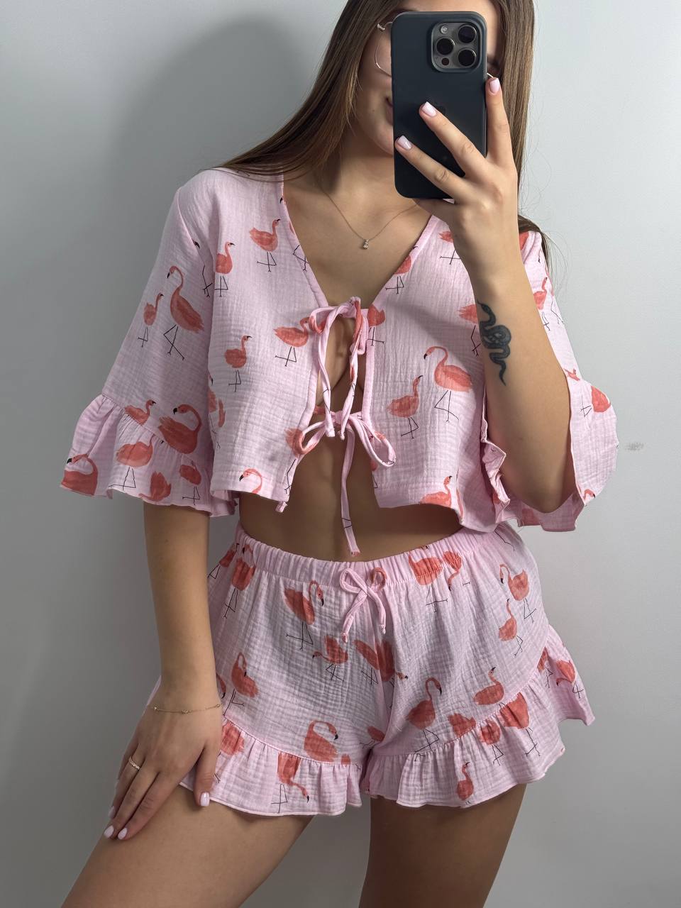 b7760791-3cec-4d8c-891f-95b3ead1358e Муслін 1-ка на завязках фламінго на рожевому - Зображення 1