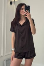 Шовк трійка короткий рукав брауні чорний кант - Зображення 2