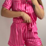 Сатин одиничка (Рубашка з кортким рукавом та шорти) малинова смужка2