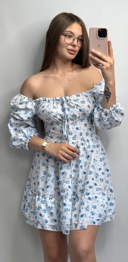 Біла в квіити сукня софт на гудзиках з довгим рукавом