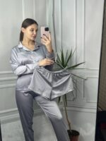 Шовк трійка довгий рукав срібло білий кант