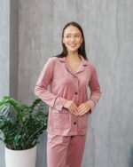 Плюшева піжама на ґудзиках рожево-пудрова