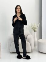 Плюшева піжама на ґудзиках чорна класична