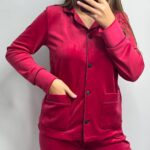 Плюшева піжама на ґудзиках вишнева з чорним кантом