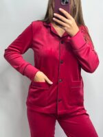 Плюшева піжама на ґудзиках вишнева з чорним кантом