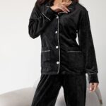 Плюшева піжама на ґудзиках чорна з білим кантом