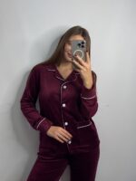Піжама з плюшу на ґудзиках з кишенями, бордова з білим кантом