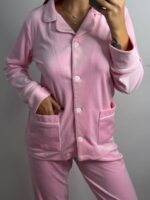 Піжама з плюшу на ґудзиках з кишенями, зефірна з білим кантом - Зображення 2