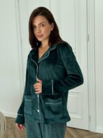 Піжама з плюшу на ґудзиках з кишенями, смарагдова  з білим кантом