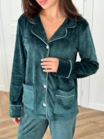 Піжама з плюшу на ґудзиках з кишенями, смарагдова  з білим кантом - Зображення 2