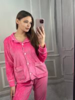 Піжама з плюшу на ґудзиках з кишенями, малинова  з білим кантом