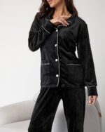 Плюшева піжама на ґудзиках чорна з білим кантом - Зображення 3