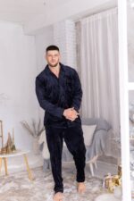 Плюшева чоловіча піжама на ґудзиках синій - Зображення 3