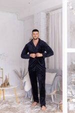 Плюшева чоловіча піжама на ґудзиках синій - Зображення 2