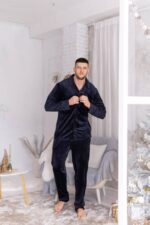 Плюшева чоловіча піжама на ґудзиках синій