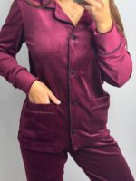 Піжама з плюшу на ґудзиках з кишенями, бордова з чорним кантом - Зображення 3