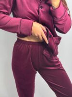 Піжама з плюшу на ґудзиках з кишенями, бордова з чорним кантом - Зображення 4