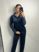 Піжама з плюшу на ґудзиках з кишенями, синій з чорним кантом - Зображення 3