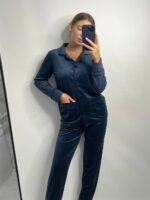 Піжама з плюшу на ґудзиках з кишенями, синій з чорним кантом - Зображення 4