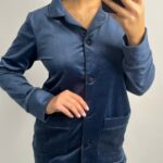 Піжама з плюшу на ґудзиках з кишенями, синій з чорним кантом