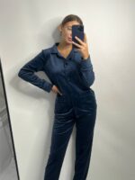 Піжама з плюшу на ґудзиках з кишенями, синій з чорним кантом - Зображення 2