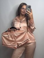 Шовк трійка довгий рукав персик чорний кант