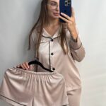 Шовк трійка довгий рукав світлий беж чорний кант