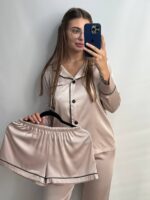 Шовк трійка довгий рукав світлий беж чорний кант