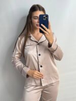 Шовк трійка довгий рукав світлий беж чорний кант - Зображення 7