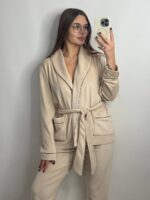 Костюм велюровий шаль кремовий чорний кант - Зображення 5