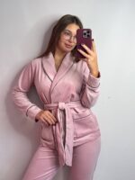 Костюм велюровий шаль пудра білий кант - Зображення 8