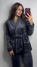 Костюм велюровий шаль капучино 2 чорний кант