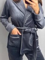 Костюм велюровий шаль капучино 2 чорний кант - Зображення 3