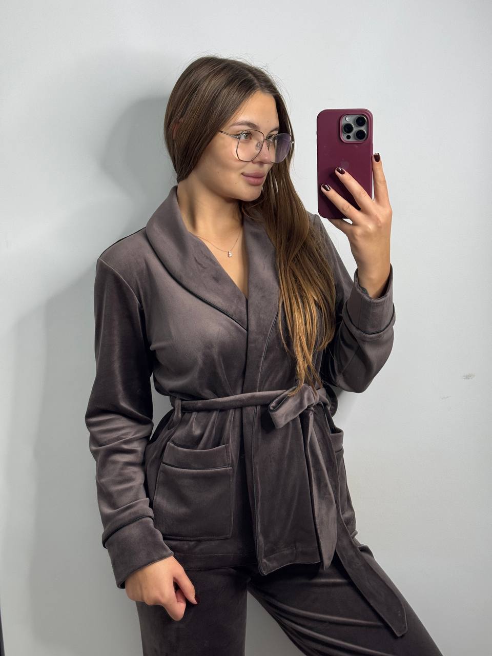 photo_2025-12-01_17-02-07 Костюм велюровий шаль шоколад чорний кант - Зображення 1