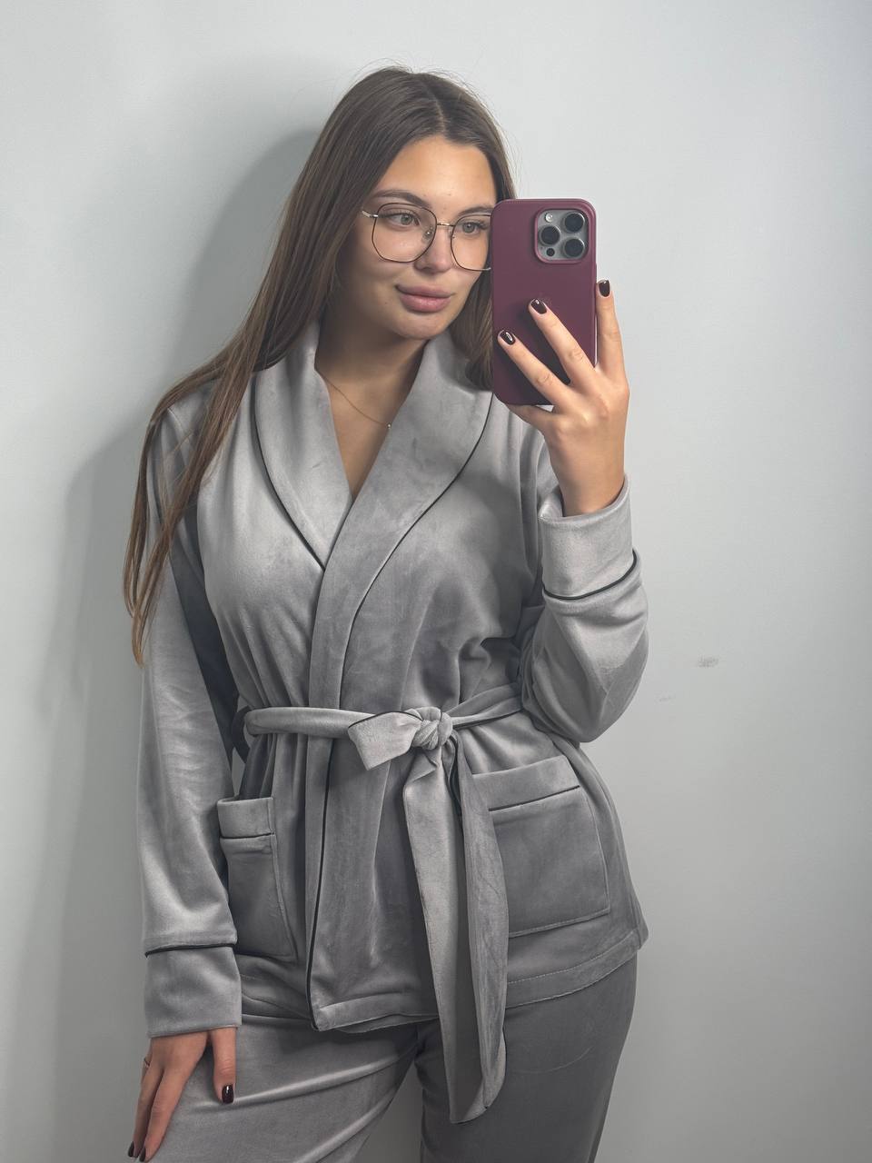 photo_2025-12-01_17-09-25 Костюм велюровий шаль сірий чорний кант - Зображення 1