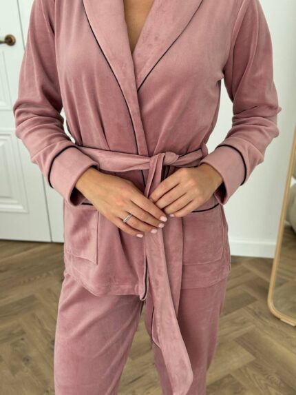 Костюм велюровий шаль пудра чорний кант - Зображення 5