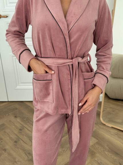 Костюм велюровий шаль пудра чорний кант - Зображення 4