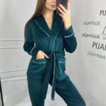 Костюм велюровий шаль смарагд білий кант