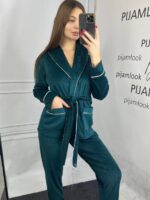 Костюм велюровий шаль смарагд білий кант