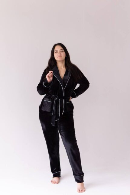 Костюм велюровий шаль чорний білий кант - Зображення 7