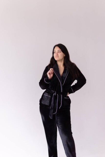 Костюм велюровий шаль чорний білий кант - Зображення 6