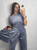 Комплект трійка з плюшевого велюру сірий 2