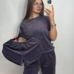 Комплект трійка з плюшевого велюру баклажановий