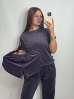 Комплект трійка з плюшевого велюру баклажановий