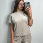 Комплект трійка з плюшевого велюру беж