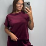 Комплект трійка з плюшевого велюру бордовий